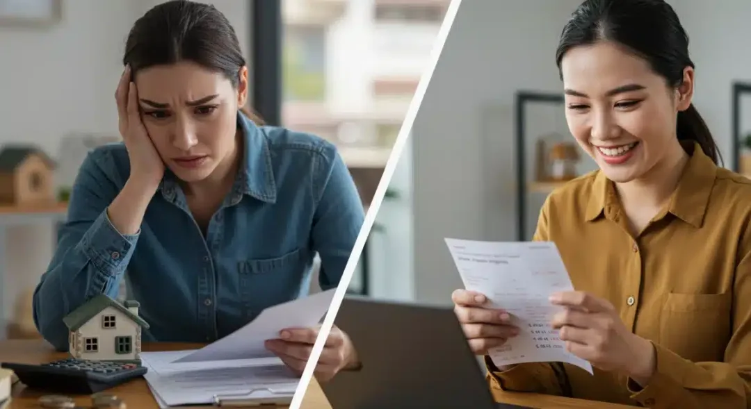 Person reviewing mortgage documents and another person happy with savings account statement.