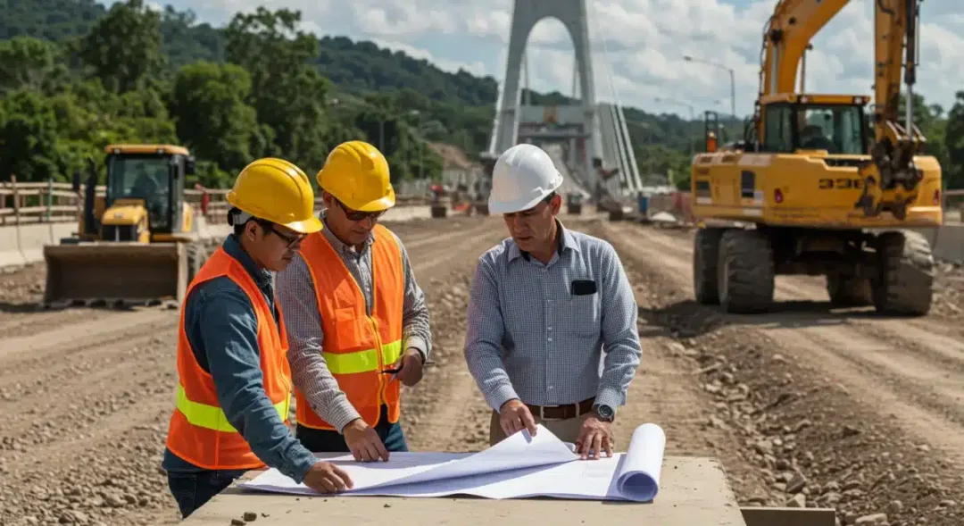 Engineers and construction workers at a bridge construction site reviewing blueprints.