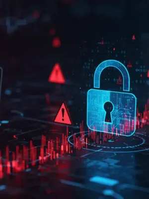 Digital padlock over network with red warnings, symbolizing a cybersecurity alert and data breach.