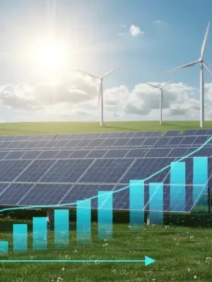 Renewable energy infrastructure with solar panels, wind turbines, and electric car charging, symbolizing the 2026 Energy Policy Shift in the US.