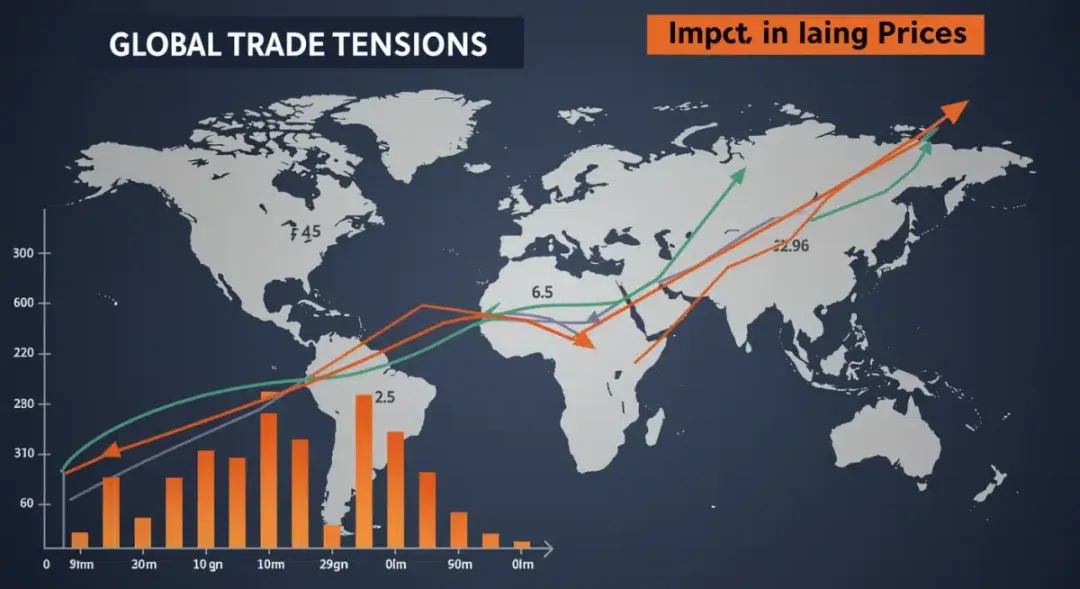 Global trade tensions visualized with rising prices affecting US consumers.