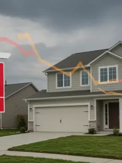 For sale sign in front of a suburban house, symbolizing declining new home sales in the US housing market 2026.