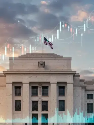 Federal Reserve building with financial data overlay and market indicators