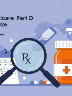 Illustration of Medicare Part D changes for 2026, magnifying glass over prescription bottle