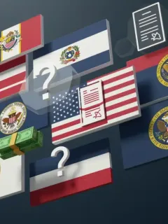 Illustration of state flags, money symbols, and documents for 2026 unemployment benefits