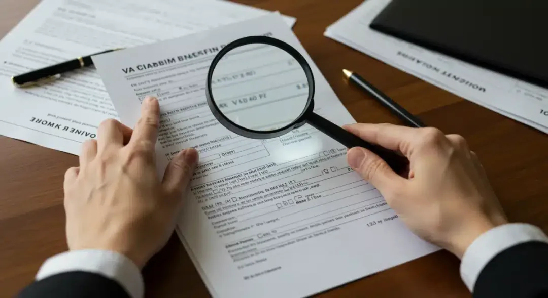 Hands meticulously reviewing and highlighting sections of a VA disability claim form.