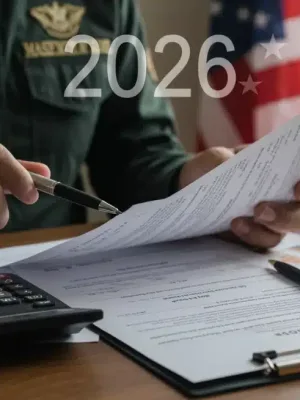 Veteran meticulously reviewing VA disability benefits documents for 2026 financial planning.