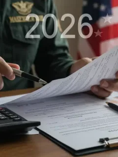 Veteran meticulously reviewing VA disability benefits documents for 2026 financial planning.