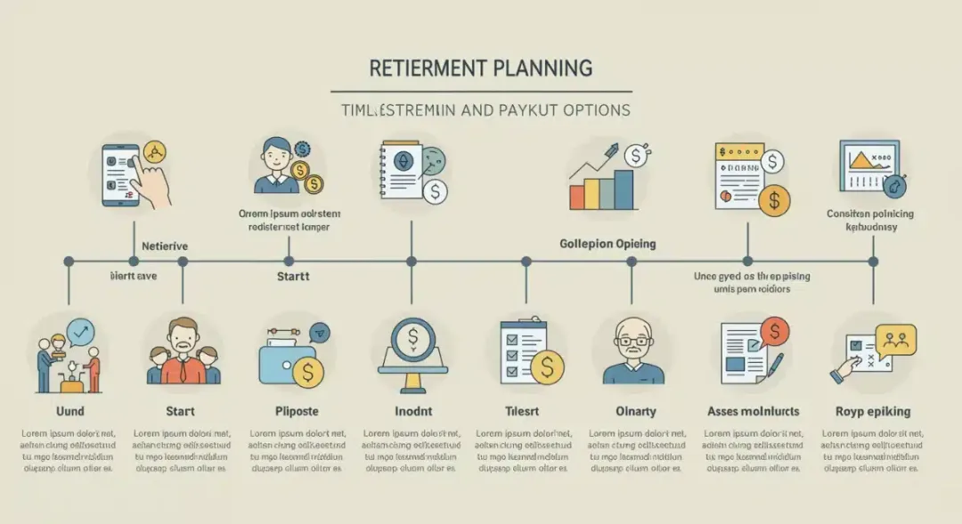 Infographic illustrating retirement planning timeline and pension payout options.