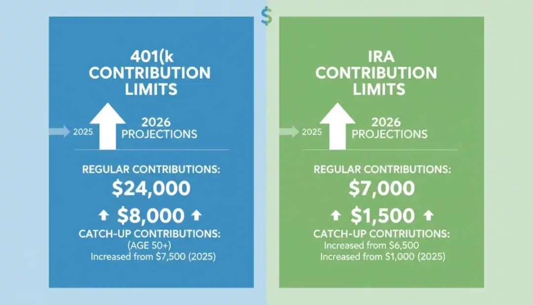 Infographic displaying projected 2026 401(k) and IRA contribution limits, including regular and catch-up amounts.