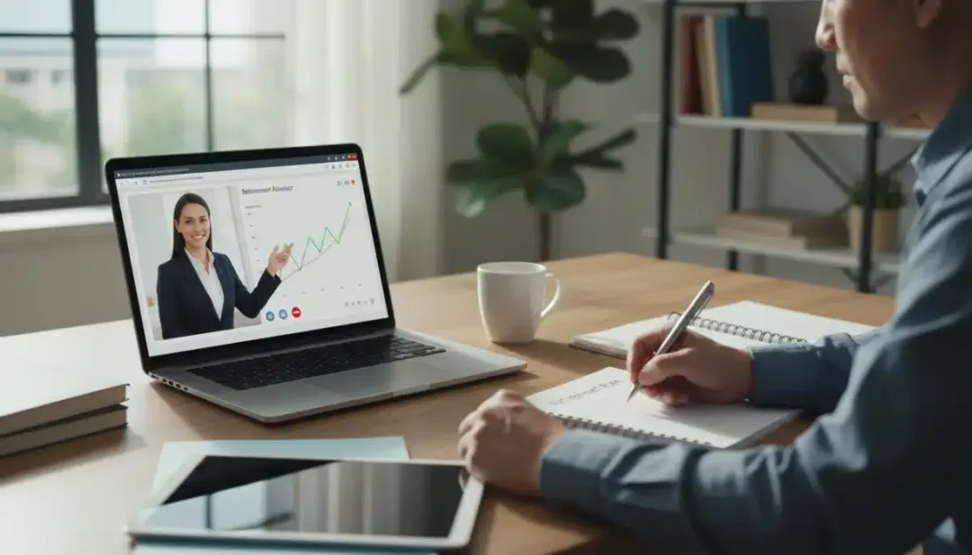 Person consulting with a financial advisor via video call, discussing retirement planning strategies on a laptop.