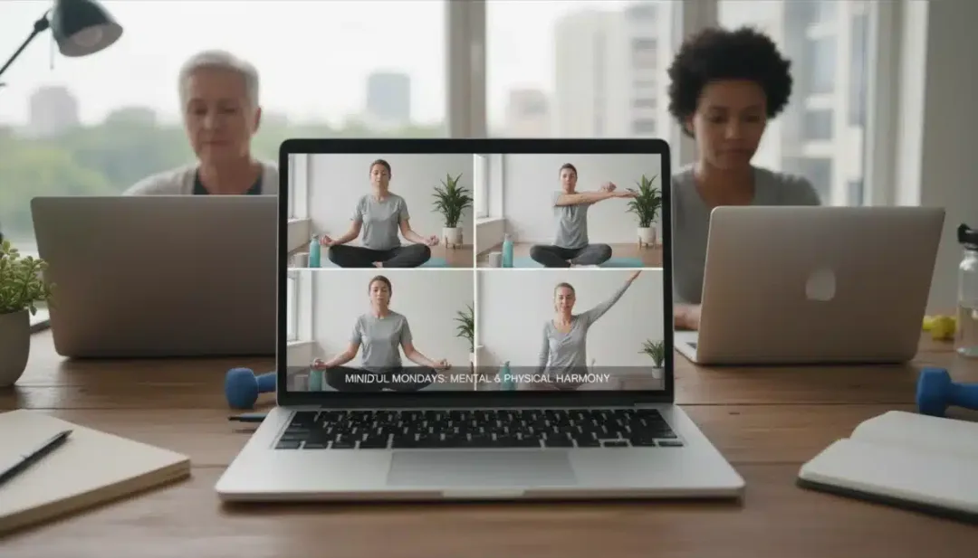 Employees engaging in virtual wellness, highlighting mental health and flexible benefits.