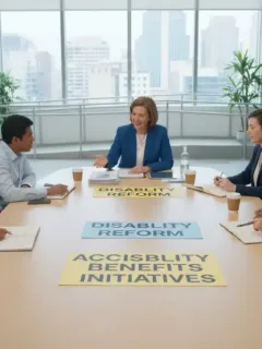 Diverse individuals discussing disability benefits with official, accessible office setting.