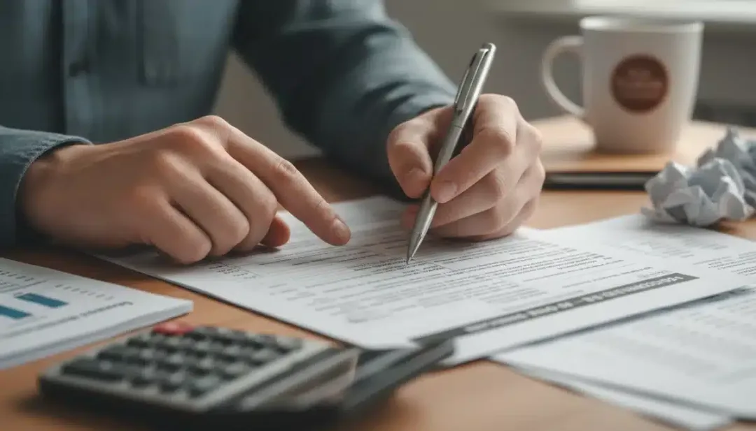 Person analyzing detailed health insurance policy documents during open enrollment.