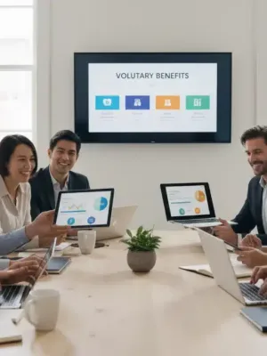 Employees exploring diverse voluntary benefits options on digital devices in a modern office.