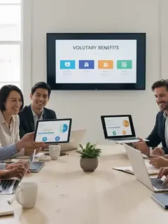 Employees exploring diverse voluntary benefits options on digital devices in a modern office.