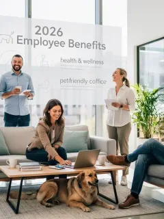 Employees with pets in an office, symbolizing pet insurance as an employee benefit in 2026.