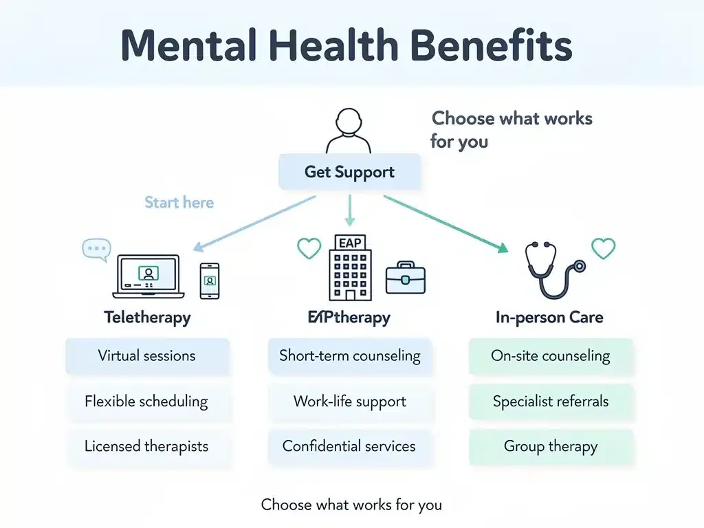 Infographic showing various mental health benefit access points and services.