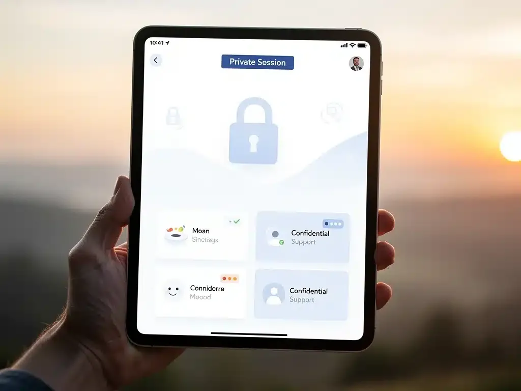 Digital mental health app on a tablet, emphasizing confidential and accessible support.