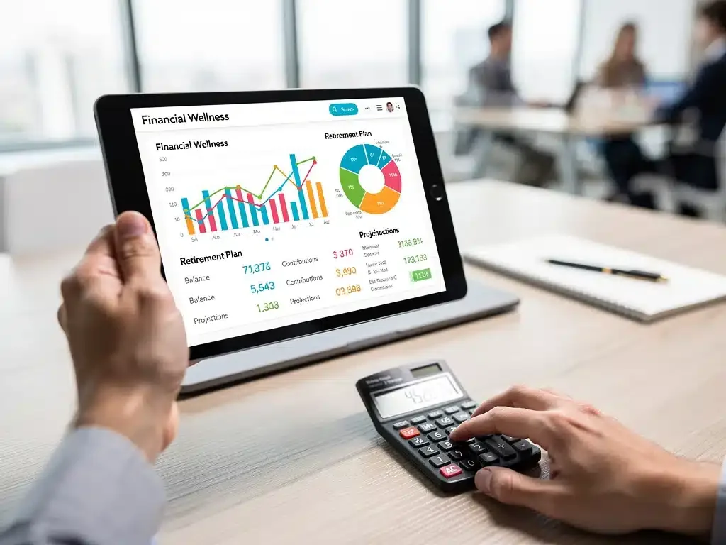 Employee utilizing digital financial planning tools provided by their employer.