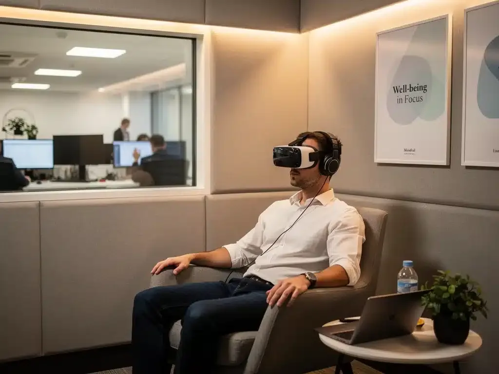Employee engaging in VR wellness, highlighting innovative digital health benefits.