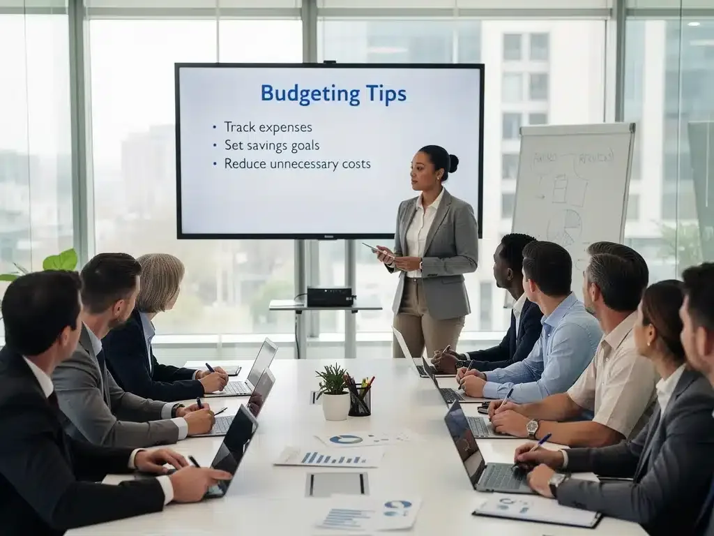Employees at a financial literacy workshop, demonstrating practical skill development perks.