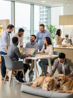 Employees enjoying unconventional benefits in a modern office, showcasing future employee perks.