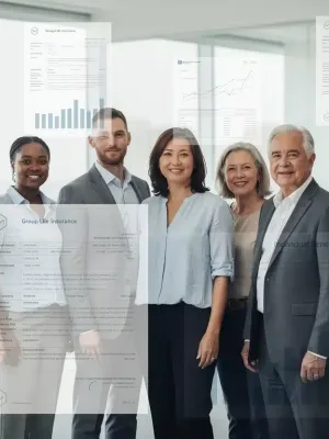 Diverse individuals contemplating 2026 life insurance benefits, group and individual policies.