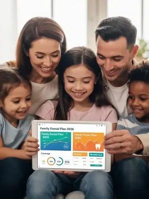 Family reviewing dental and vision benefits on a tablet for 2026