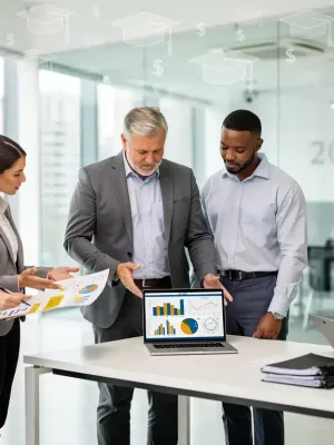 Professionals planning education benefits in 2026, with laptops and financial symbols.