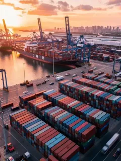Container port with cargo ships and cranes at sunset