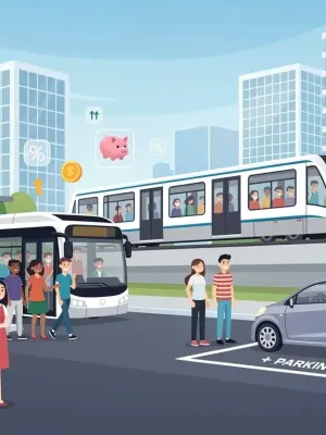 Commuters utilizing public transit and parking facilities, symbolizing financial benefits in 2026.