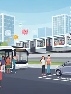 Commuters utilizing public transit and parking facilities, symbolizing financial benefits in 2026.