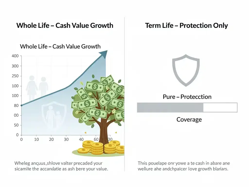 Illustration of cash value accumulation and growth in a whole life insurance policy over time.