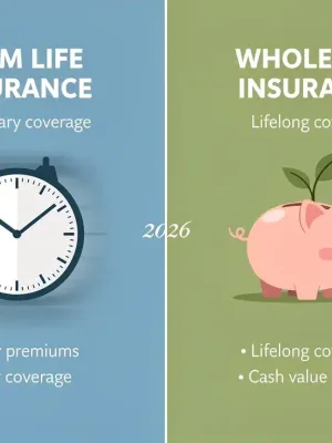 Infographic comparing benefits of term life and whole life insurance policies in 2026, highlighting key differences.