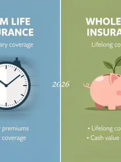 Infographic comparing benefits of term life and whole life insurance policies in 2026, highlighting key differences.