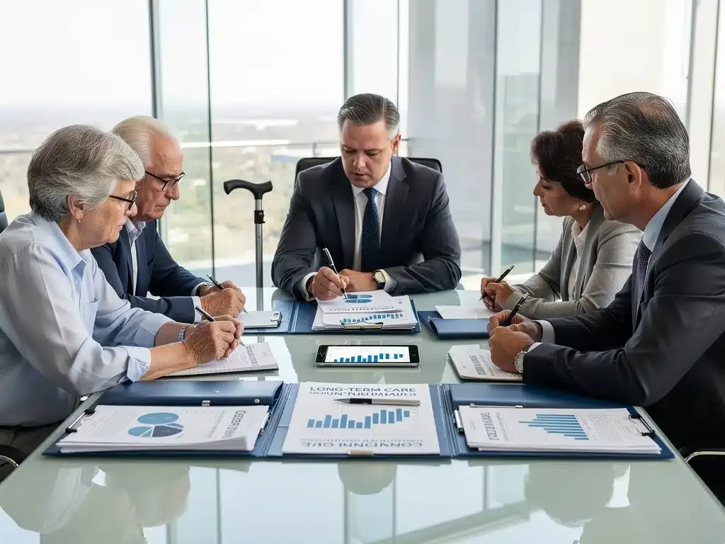 Family discussing long-term care insurance options with a financial advisor.