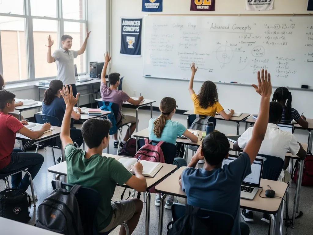 High school students engaged in a college classroom setting, actively learning and taking notes.