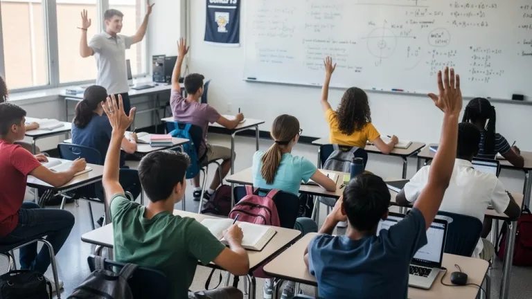 High school students engaged in a college classroom setting, actively learning and taking notes.