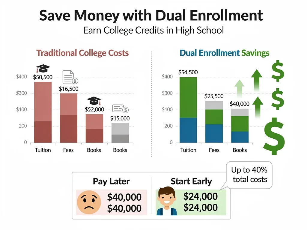 Infographic showing significant financial savings through dual enrollment college credits.