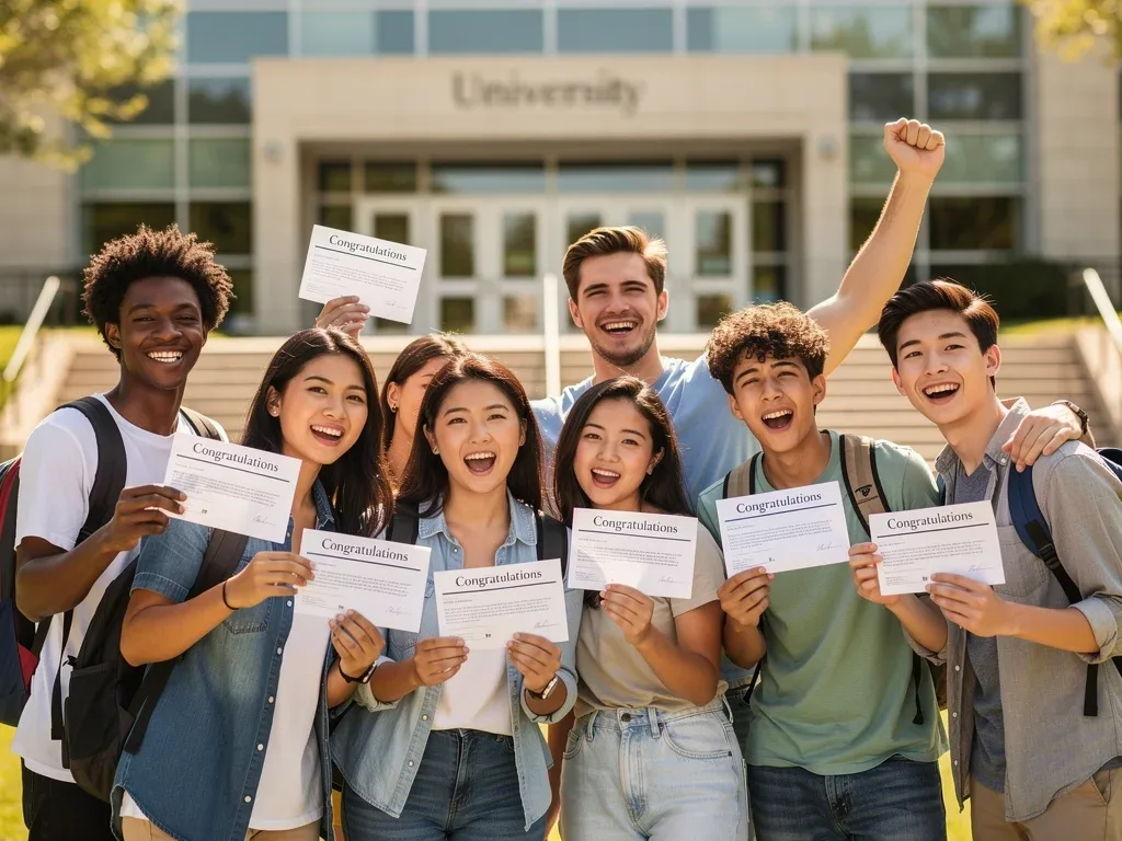 Students celebrating college acceptance through direct admissions programs
