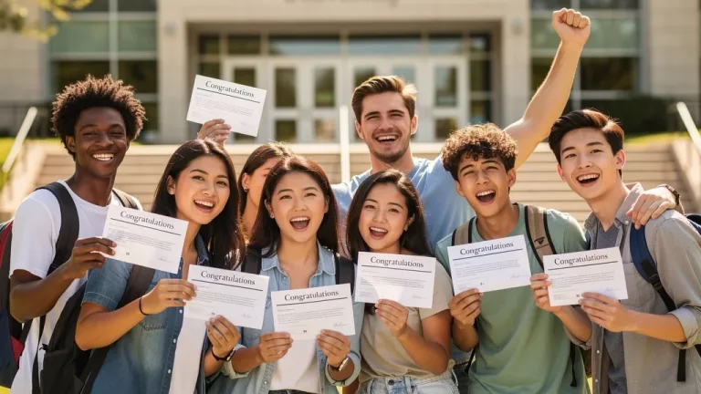 Students celebrating college acceptance through direct admissions programs