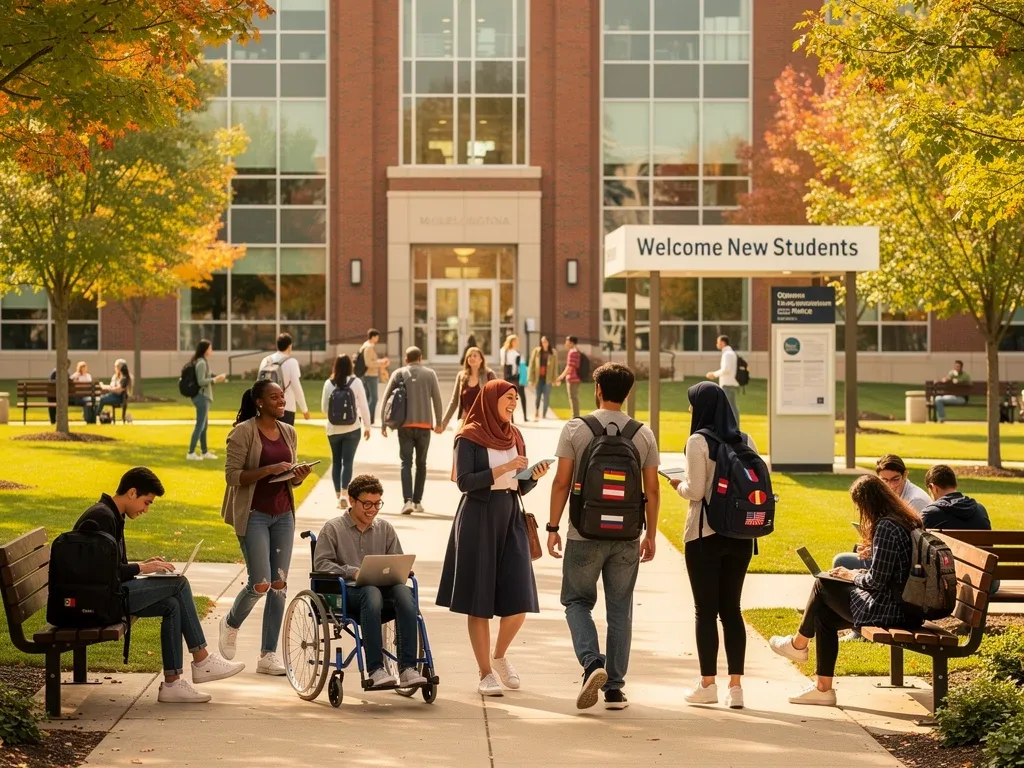 Diverse students on a welcoming university campus