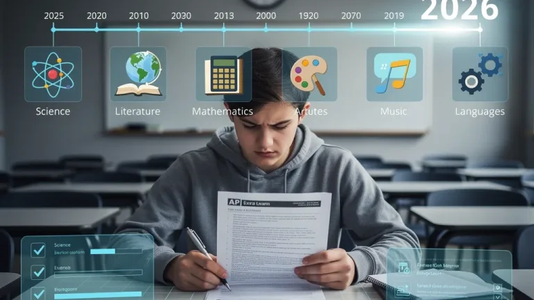 Student reviews 2026 AP exam format changes, focusing on scoring impacts across core subjects.