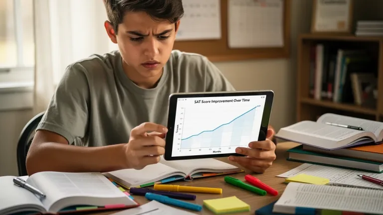 Student studying Digital SAT Reading Section benchmarks on tablet