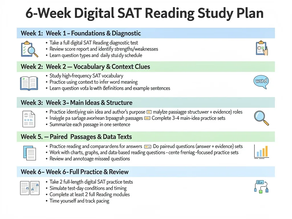 Infographic of 6-week Digital SAT Reading study plan