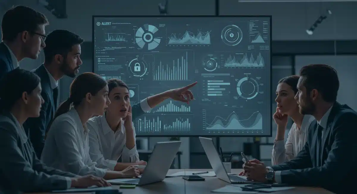 Business team analyzing cybersecurity threats on a large screen, discussing data breach response.