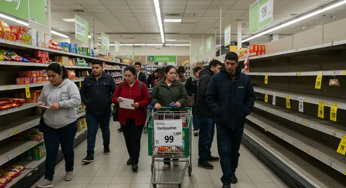 Empty grocery store shelves and high food prices impacting consumers.