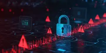 Digital padlock over network with red warnings, symbolizing a cybersecurity alert and data breach.