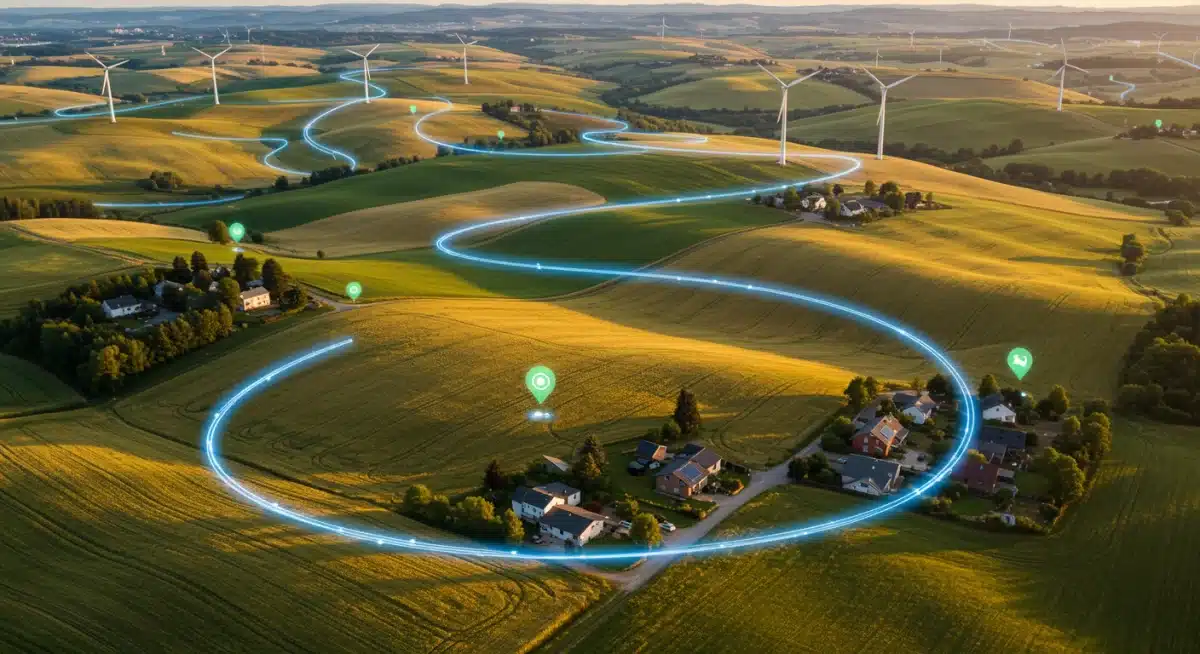 Fiber optic cables extending into rural landscape connecting homes to high-speed internet.